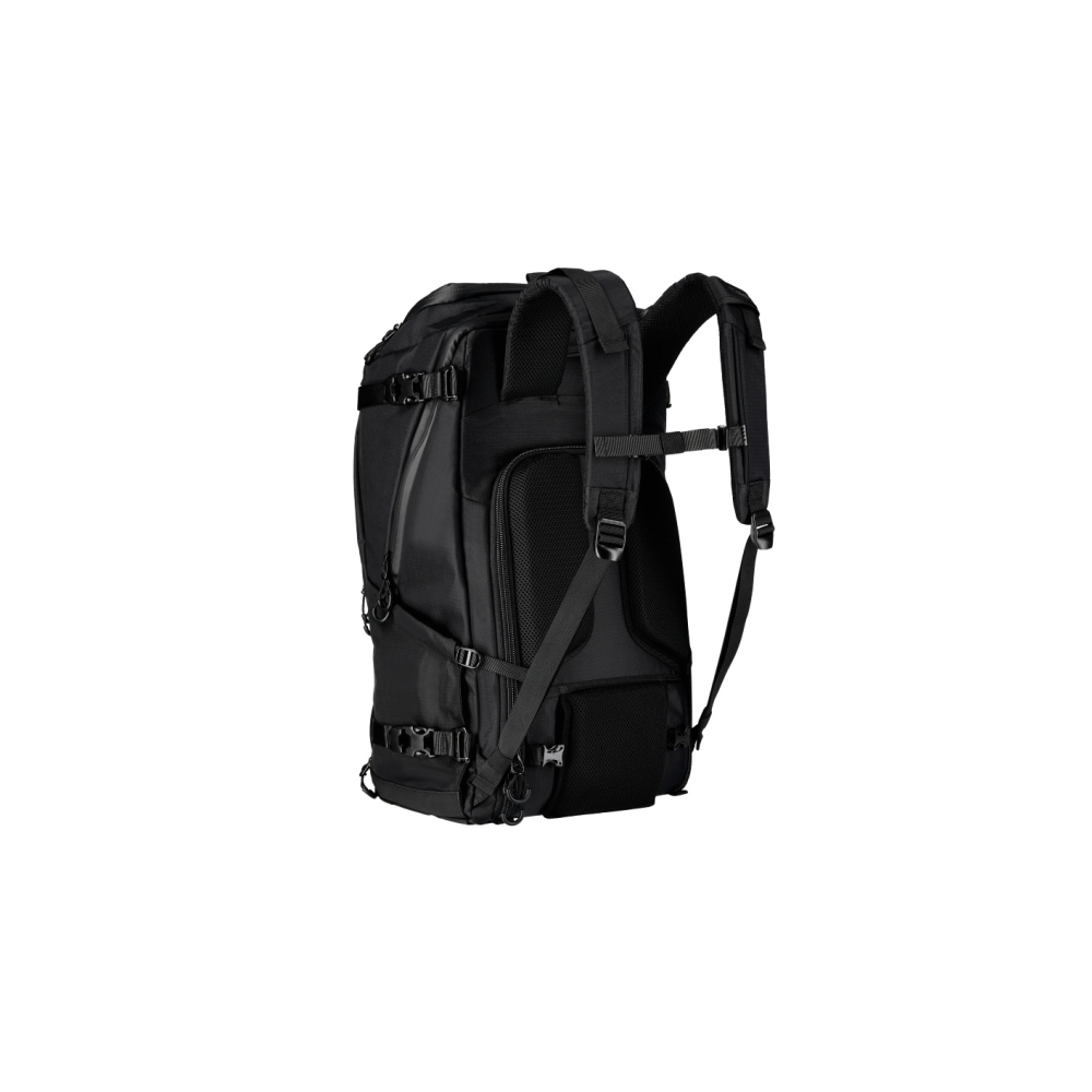 A black backpack with padded straps and multiple pockets, shown from the side.