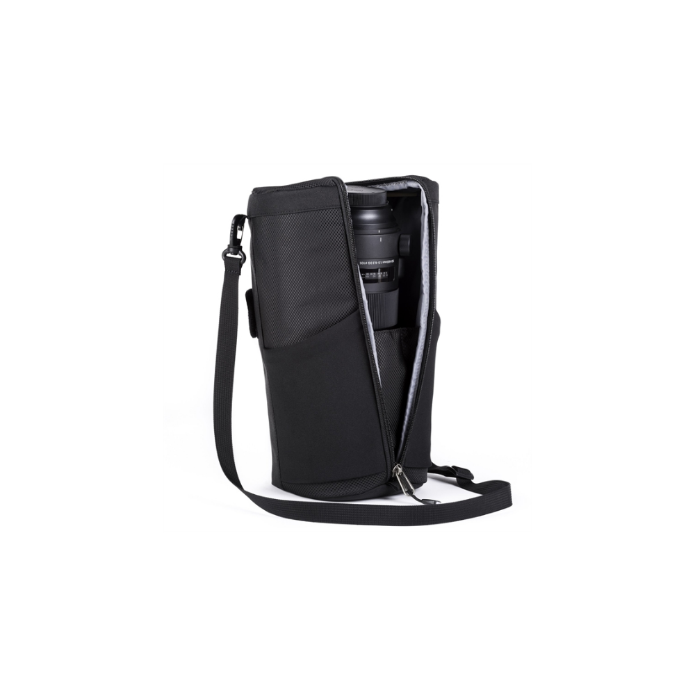 Black camera bag with lens, isolated on a white background.