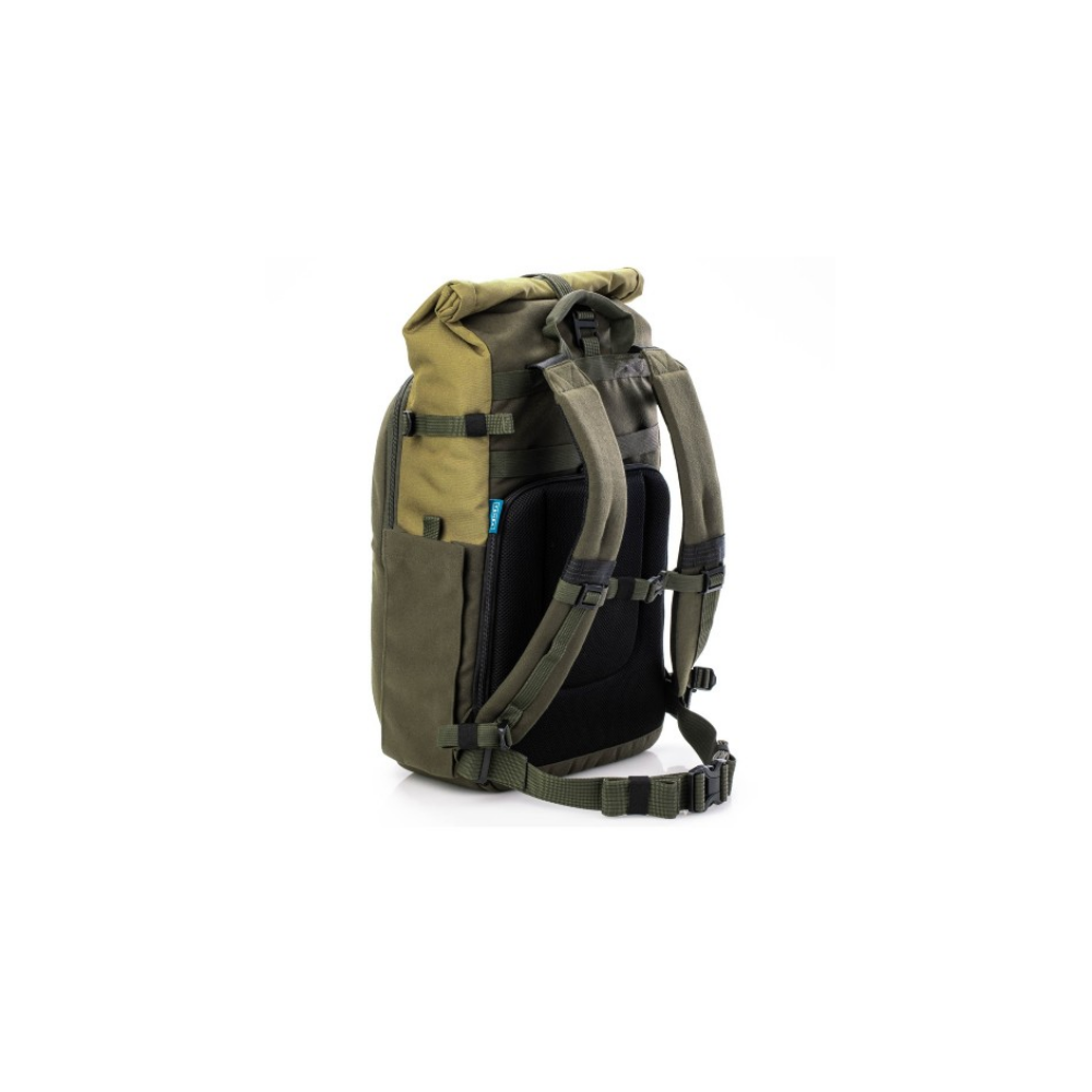Green roll-top backpack with adjustable straps, shown from the back.