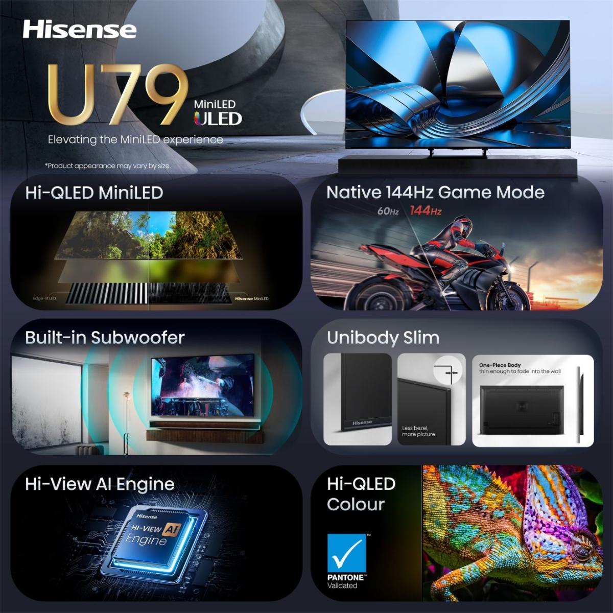 TV Hisense U79 ULED con Hi-QLED MiniLED, gaming 144Hz, subwoofer, design sottile, motore AI e colore.