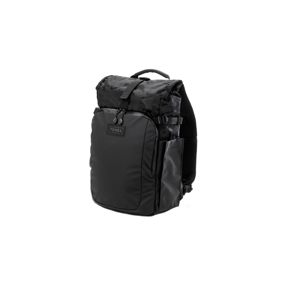Black backpack with camouflage pattern top and side pocket.