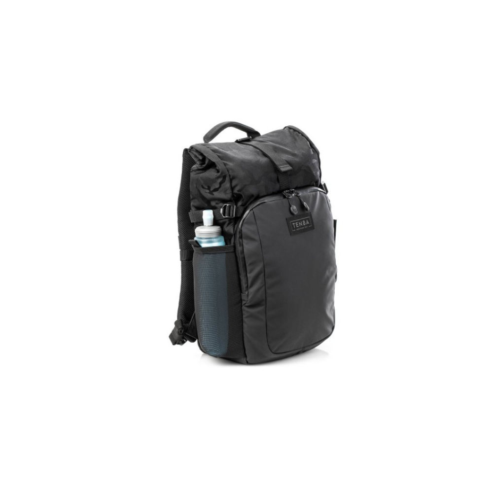 A black backpack with a blue water bottle in its side pocket.