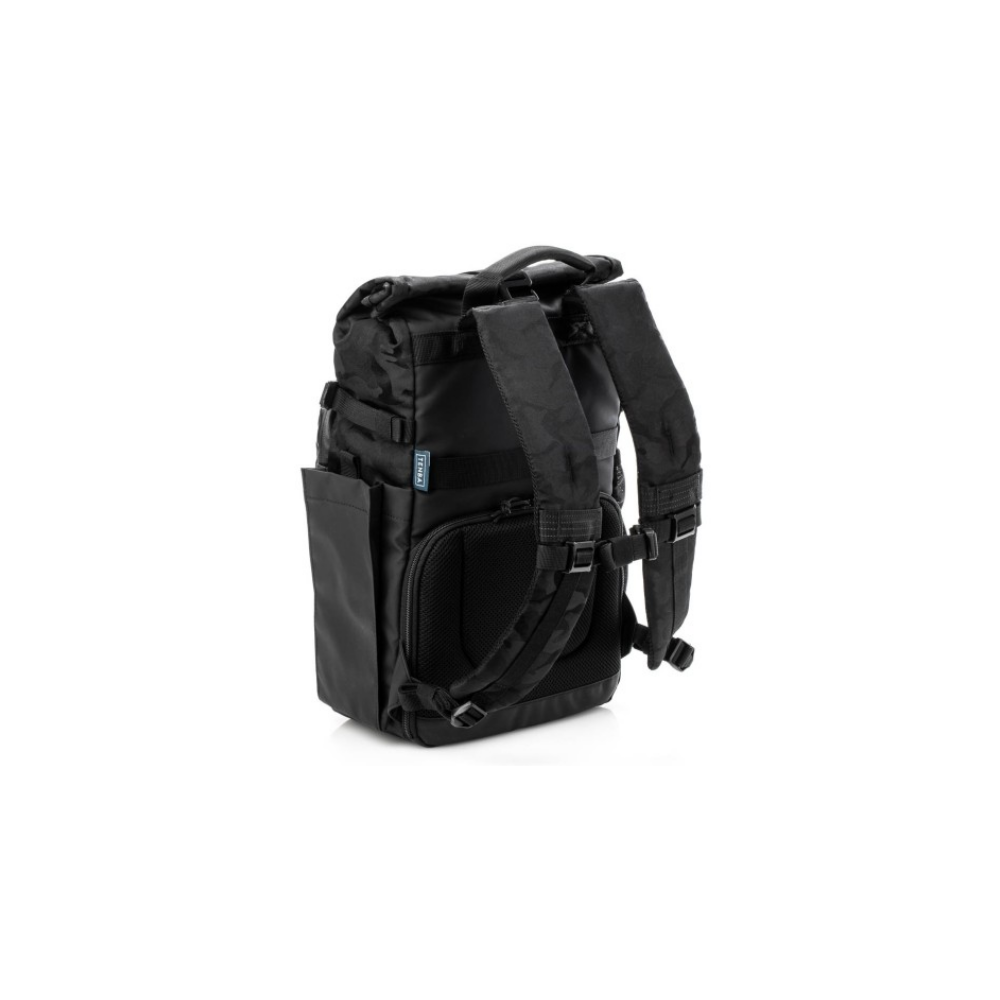 A black backpack with padded shoulder straps and a side pocket.
