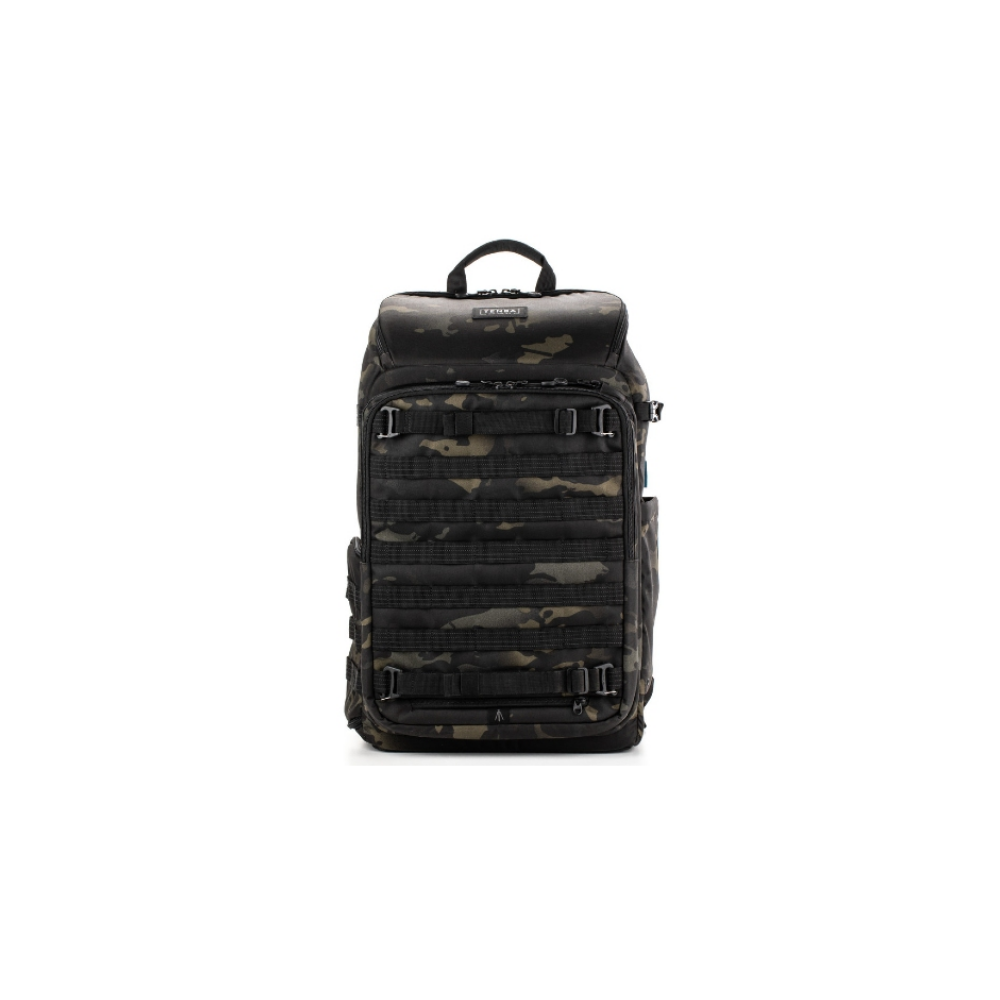 A black camouflage backpack with multiple straps and buckles, on a white background.