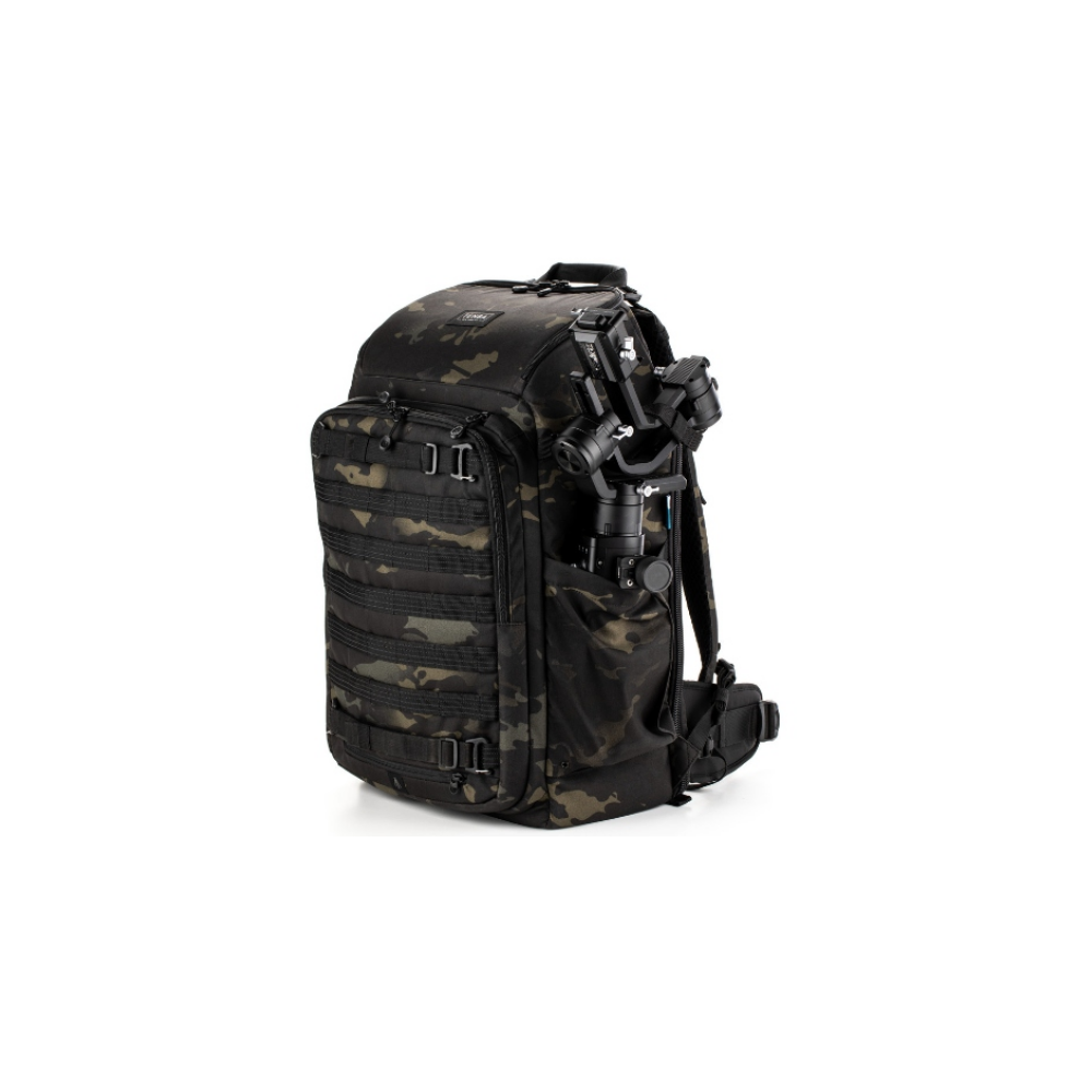 A camouflage backpack with a gimbal attached to the side.