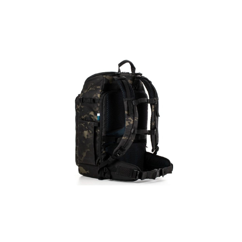Camouflage backpack with black straps and buckles, shown against a white background.