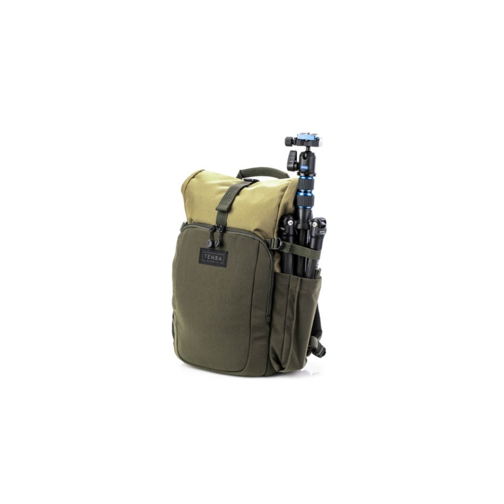 A green Tenba backpack with a tripod sticking out of a side pocket.