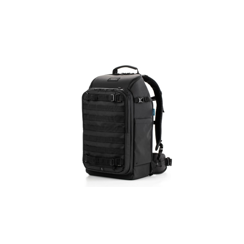 A black backpack with many pockets and straps, set against a white background.