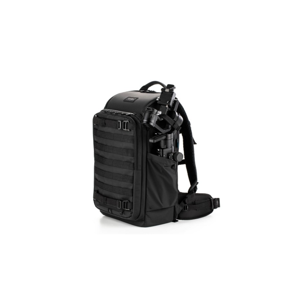 A black camera backpack with a gimbal attached to the side.