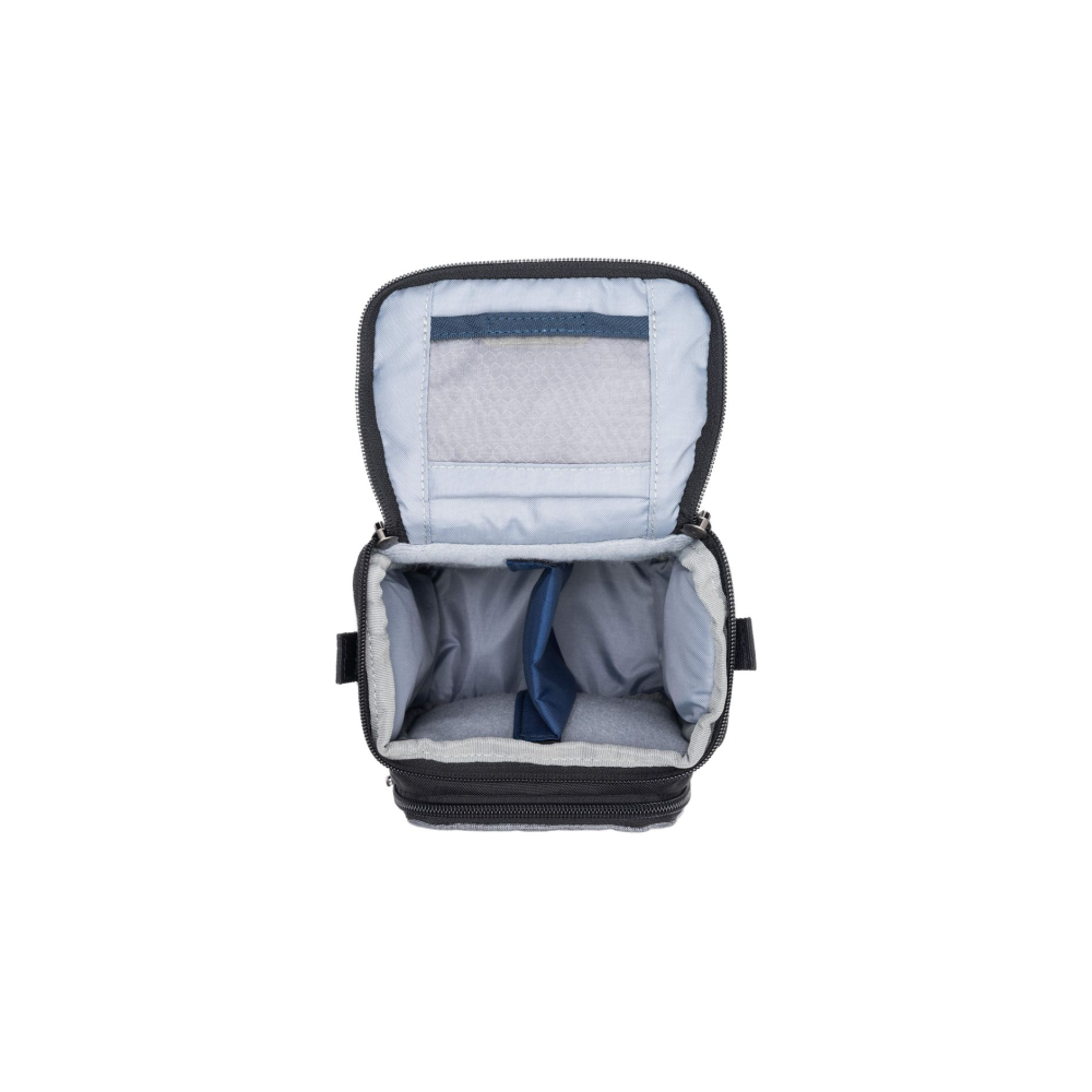 A black camera bag with an open compartment, lined interior, and dividers.