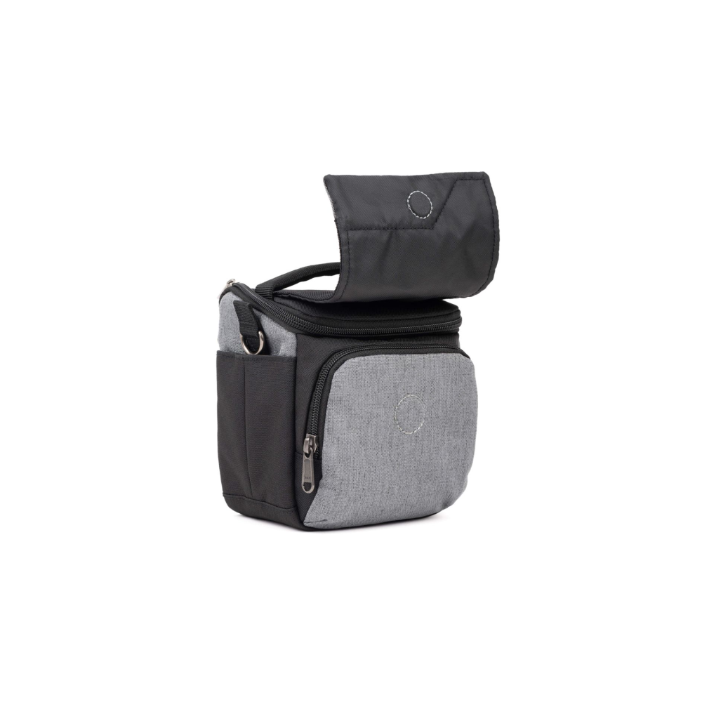 A gray and black bag with a zipper and open flap.
