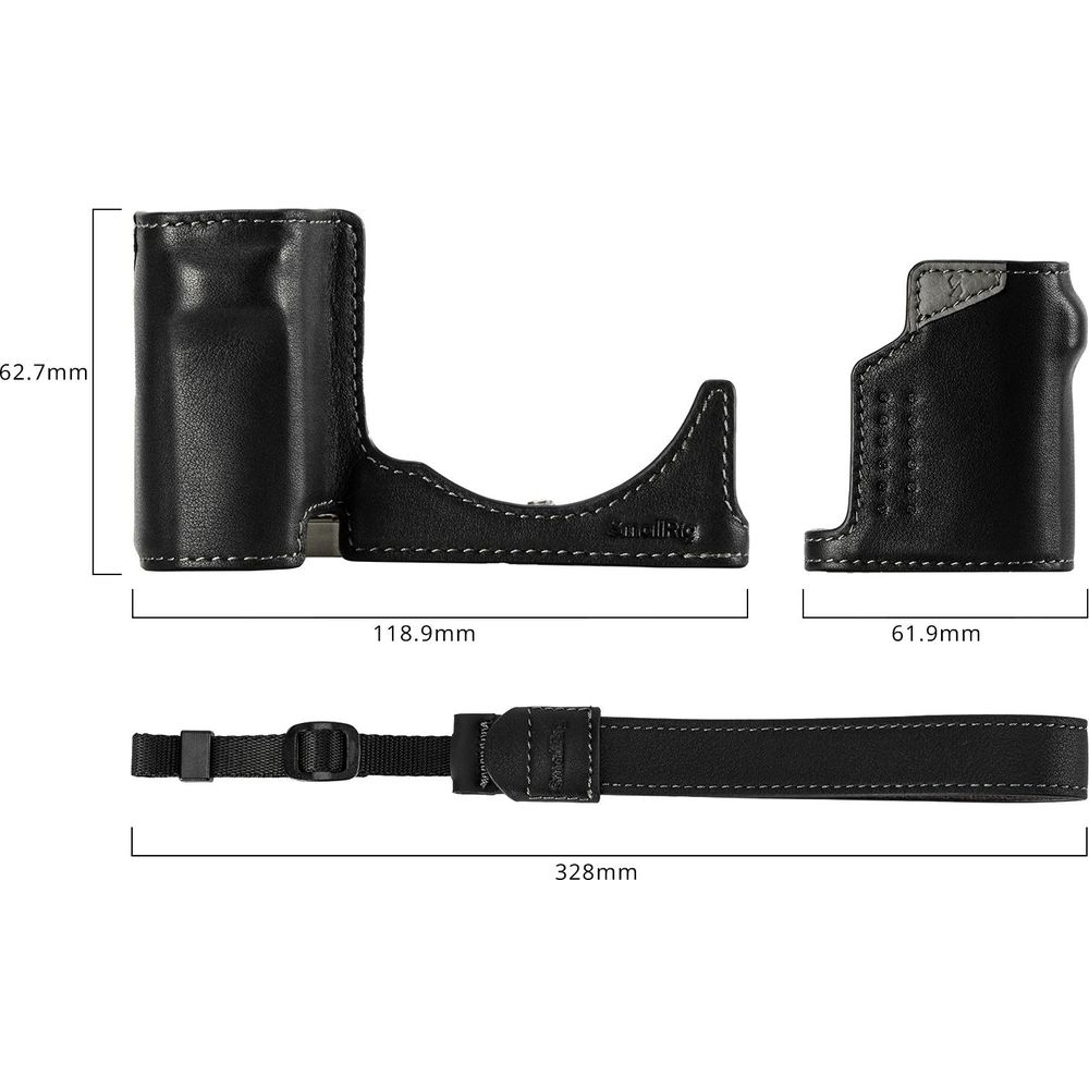 Black leather camera accessory set with dimensions shown.