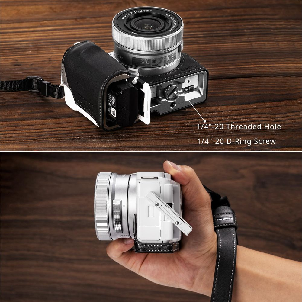 Camera with protective case, showing 1/4" threaded hole and D-ring screw.