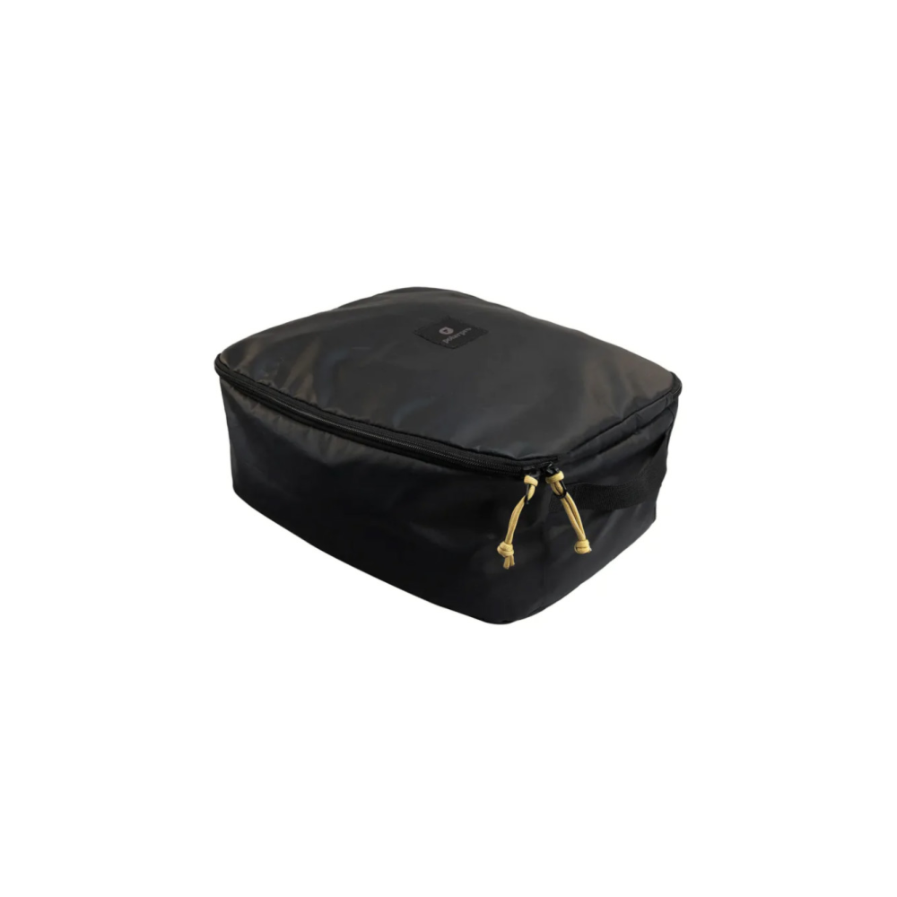 Black fabric bag with zipper and yellow cord pulls.