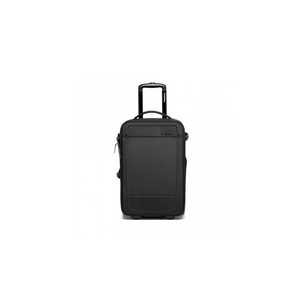 Black rolling suitcase with a retractable handle and zippers.