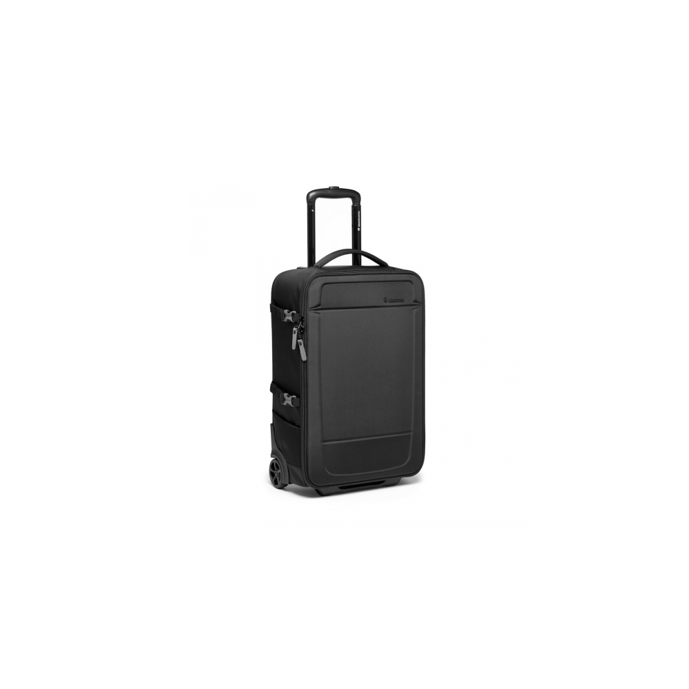 A black rolling suitcase with a telescopic handle is shown on a white background.