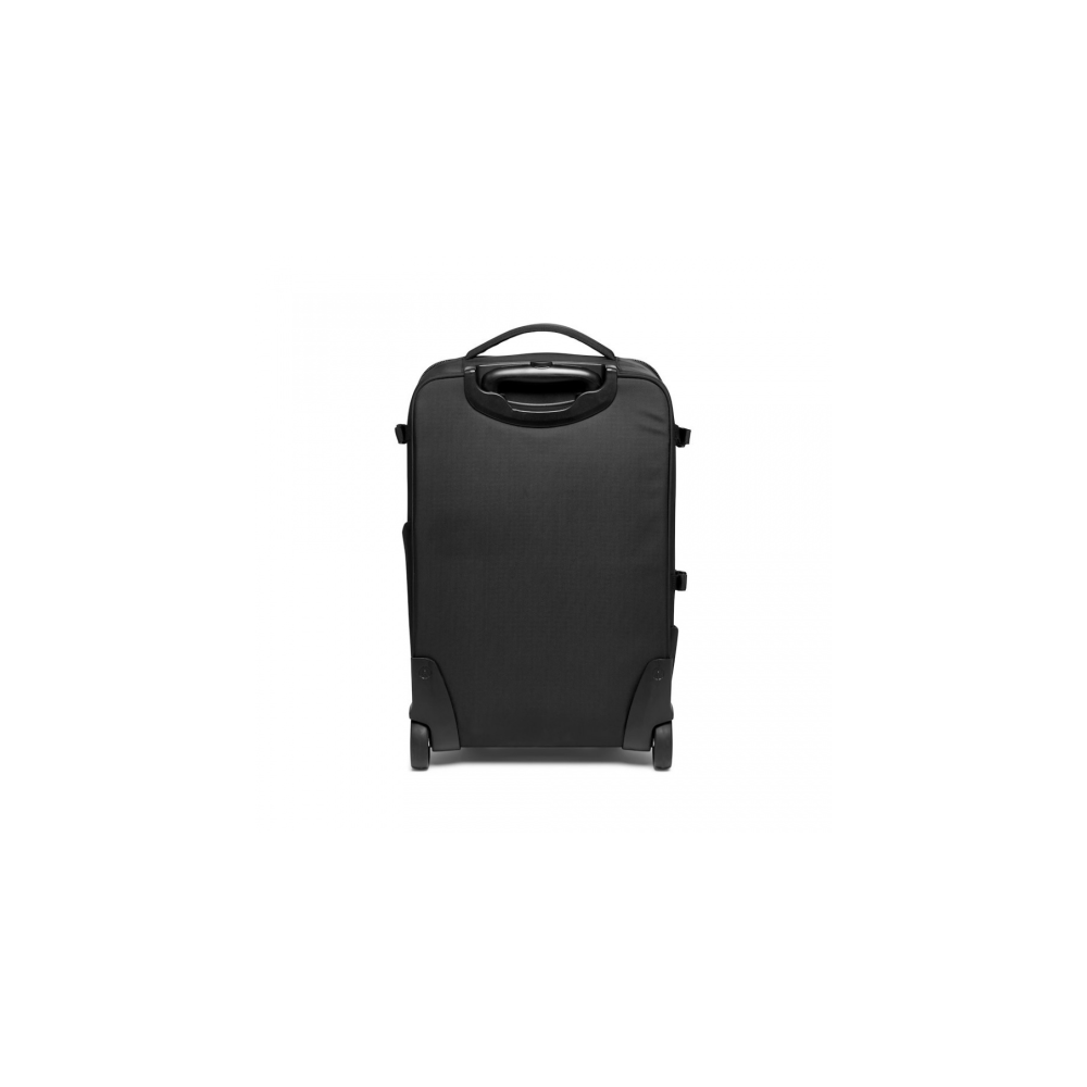 Black rolling suitcase with handle and wheels on a white background.