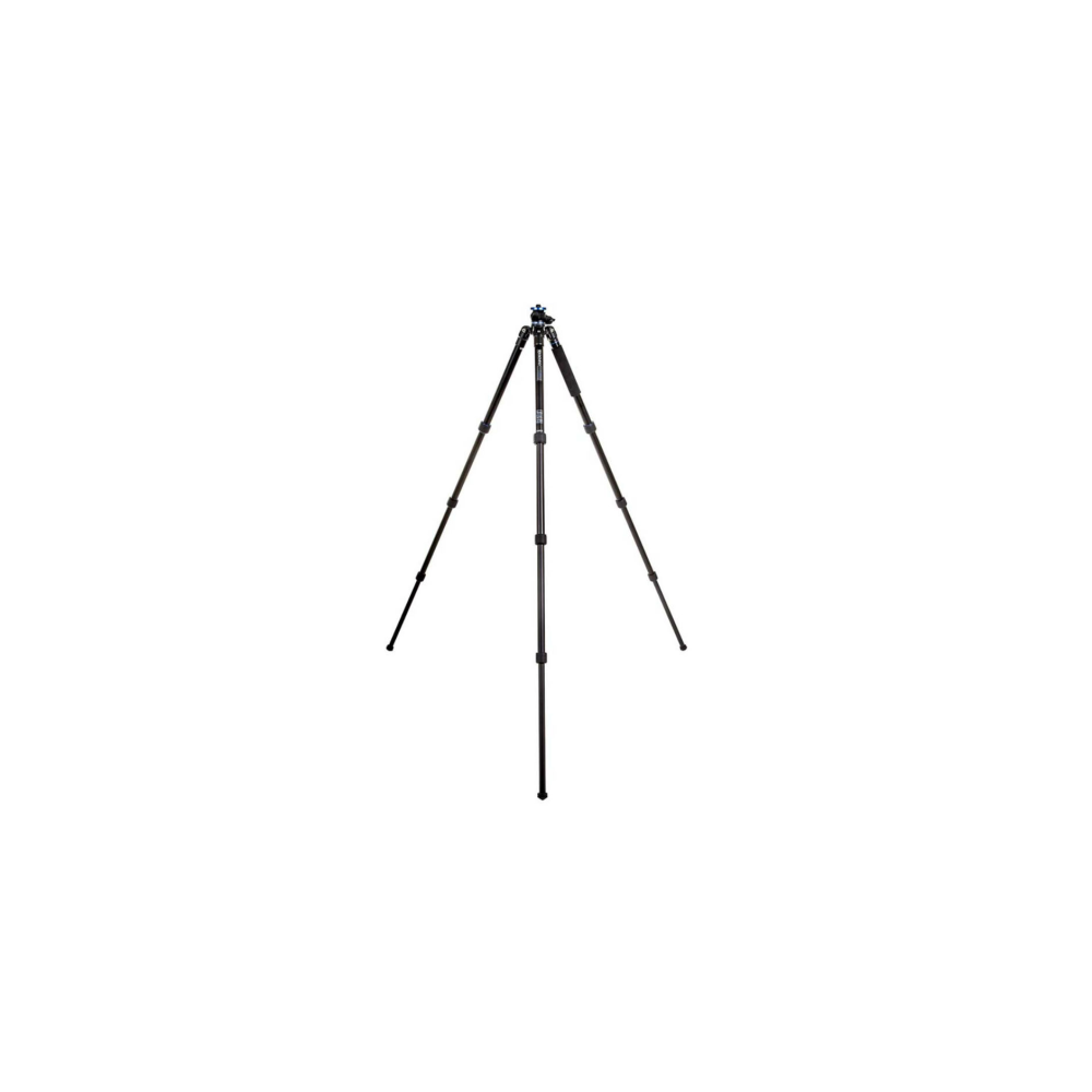A black tripod with three legs stands on a white background.