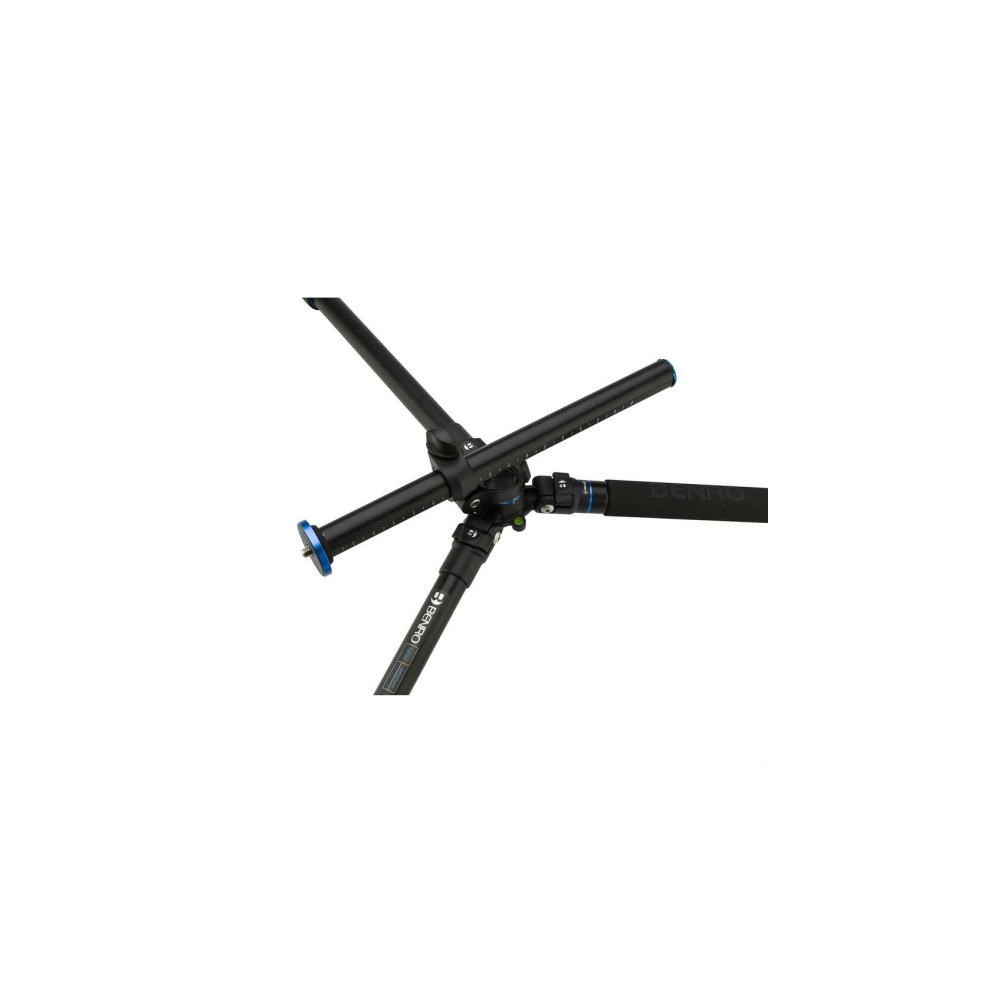 A black tripod head with three legs extended and blue accents.