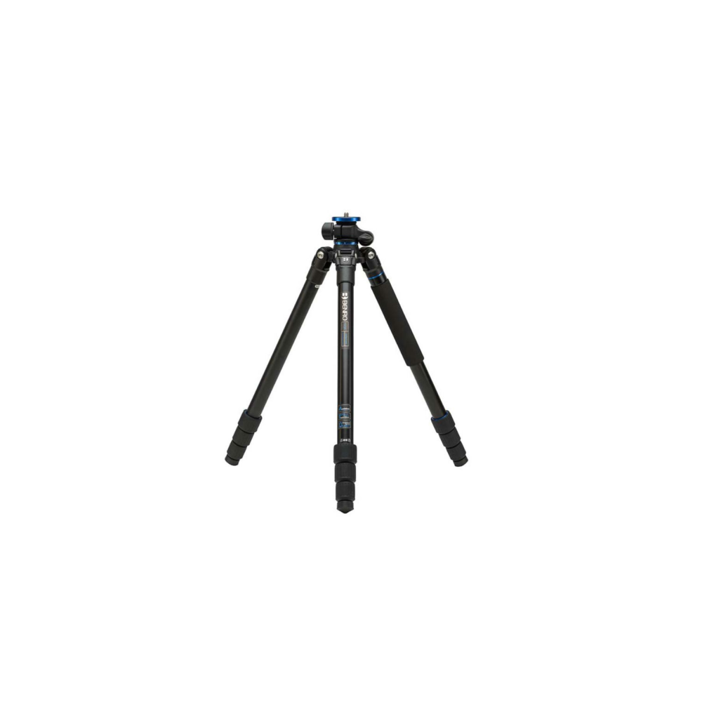 A black tripod with blue accents, set against a white background.
