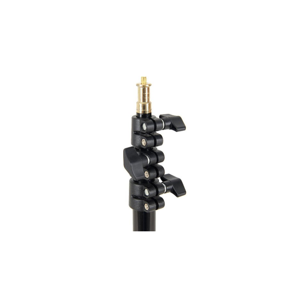A black and gold adjustable camera stand adapter with clamps.