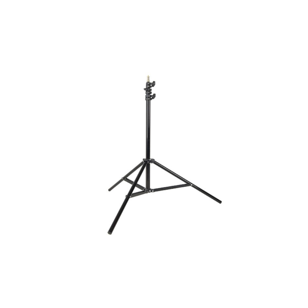 A black, three-legged light stand with adjustable height.