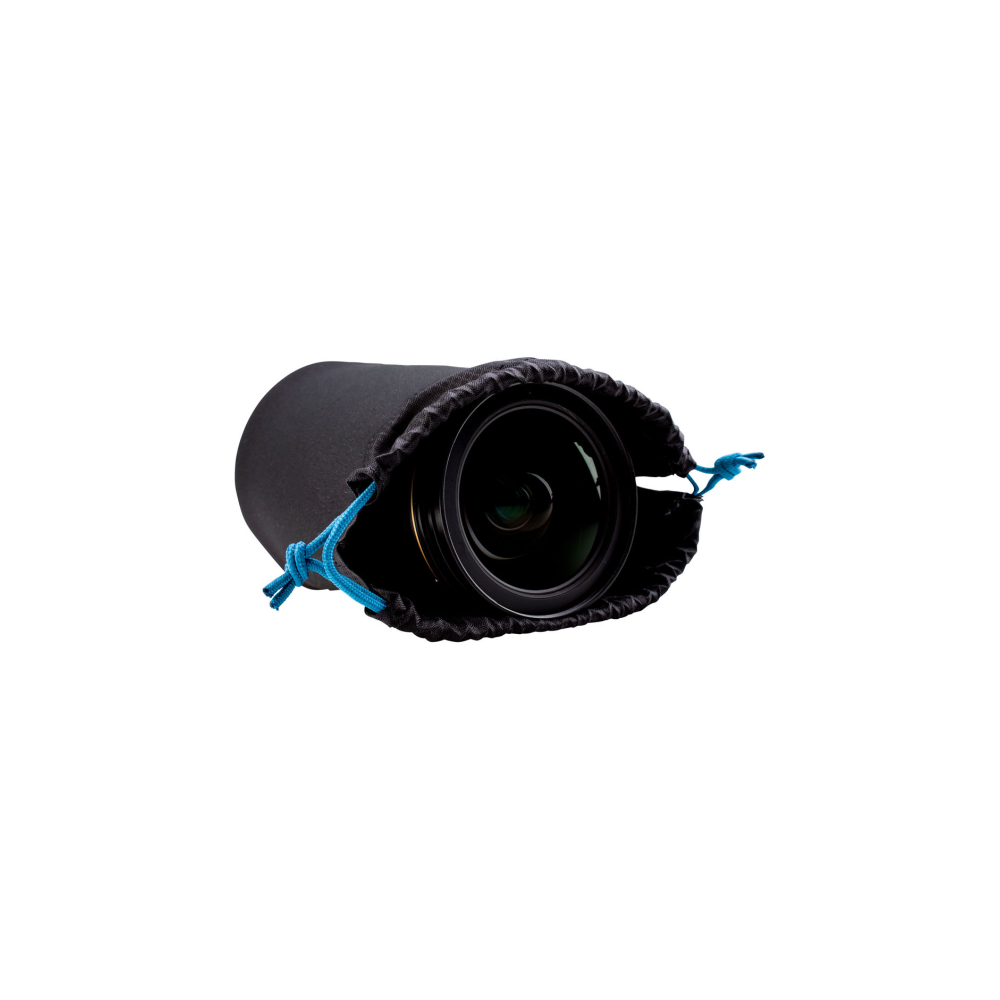 A black camera lens bag with a blue drawstring, showing part of the lens.