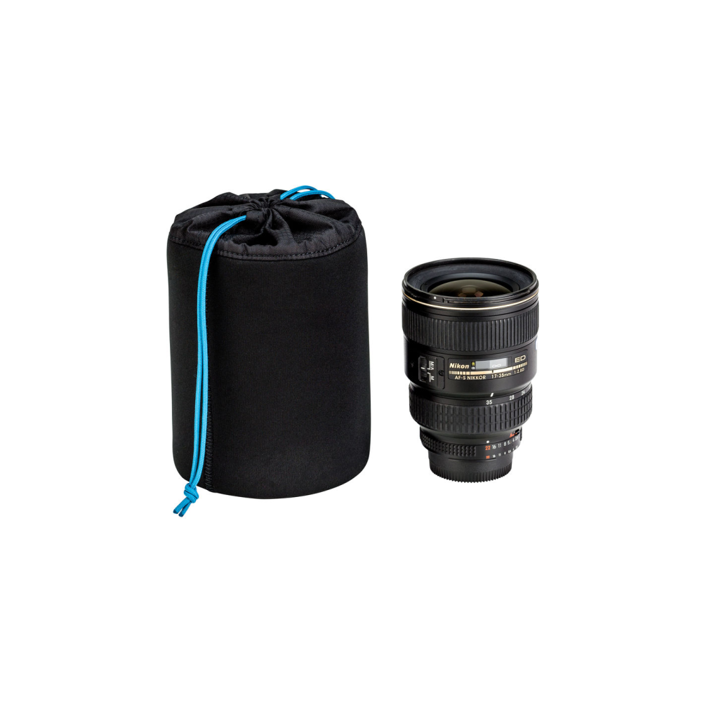 A black lens pouch with blue drawstrings and a Nikon lens.