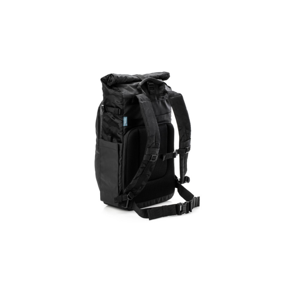 Black roll-top backpack with padded straps, shown from the back.