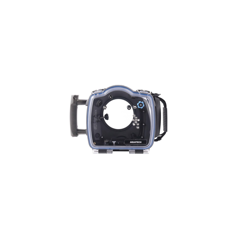 Zwarte Aquatech onderwater camerabehuizing met blauwe accenten en handgrepen.