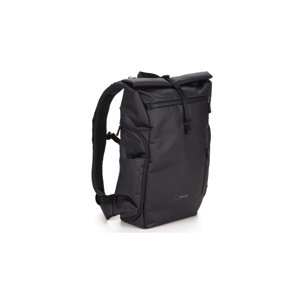 A dark roll-top backpack with straps, shown on a white background.