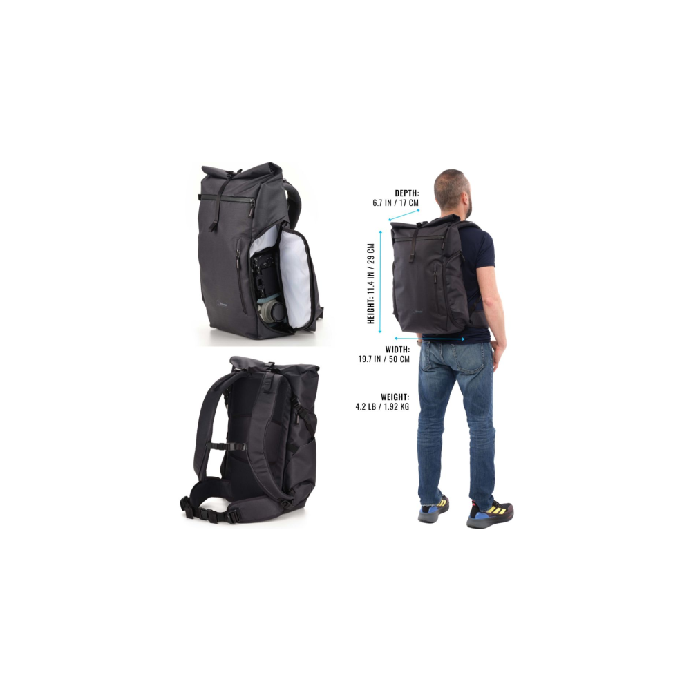 Black backpack with camera, dimensions and weight shown.