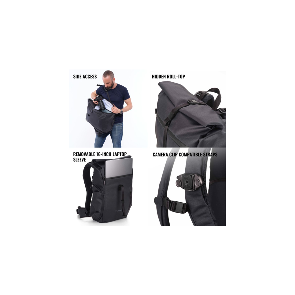 Man with black bag, laptop sleeve, and camera clip compatible straps.