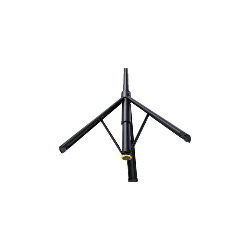 A black tripod base with extending legs and a yellow detail.