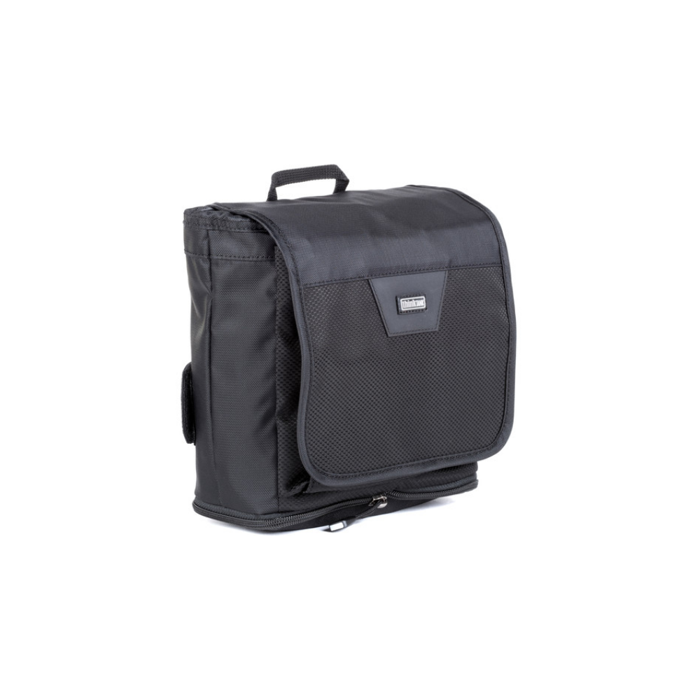 A black camera bag with a handle and a zipper closure.