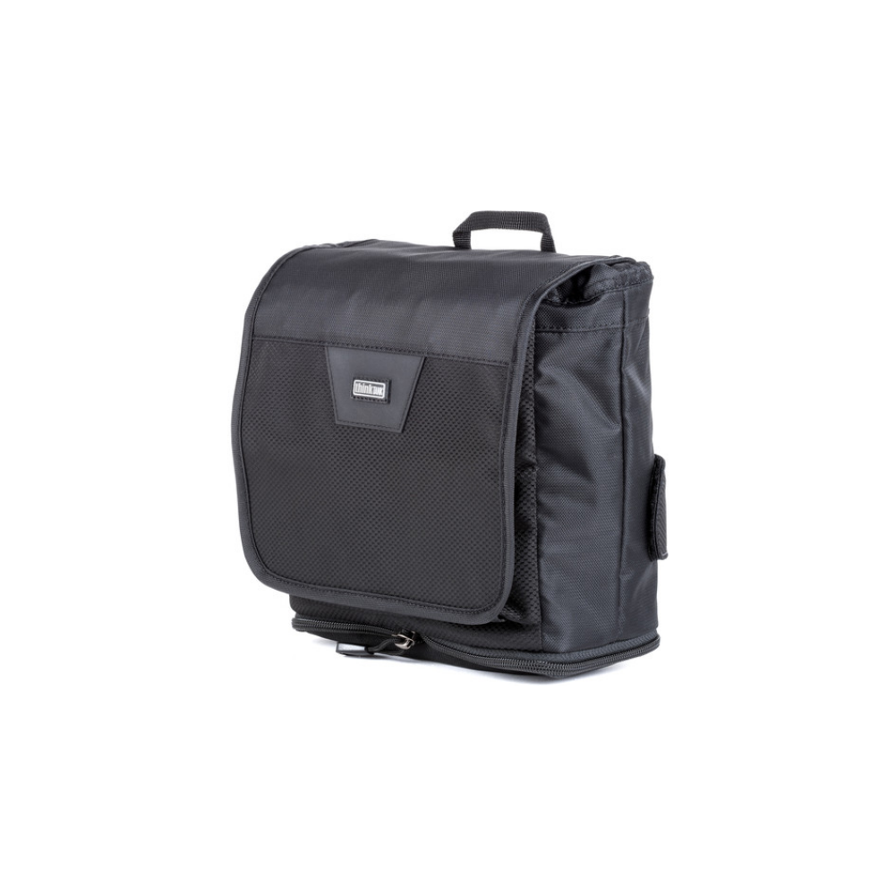 Black bag with zipper and logo, isolated on a white background.
