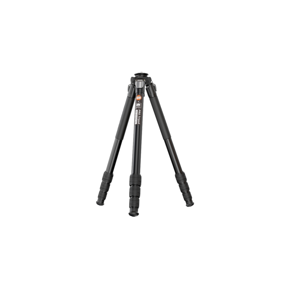 A black tripod with three legs spread apart, against a white background.