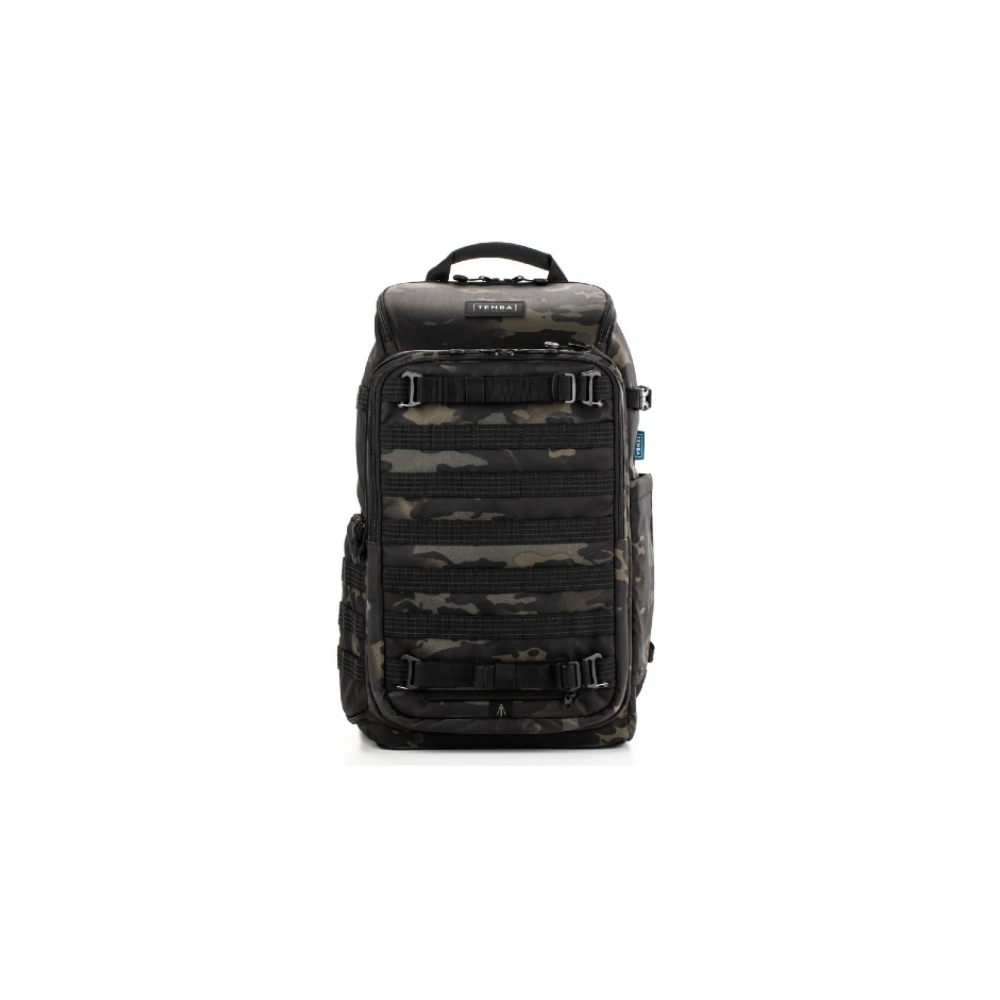 A tactical backpack with camouflage pattern and many attachment straps.