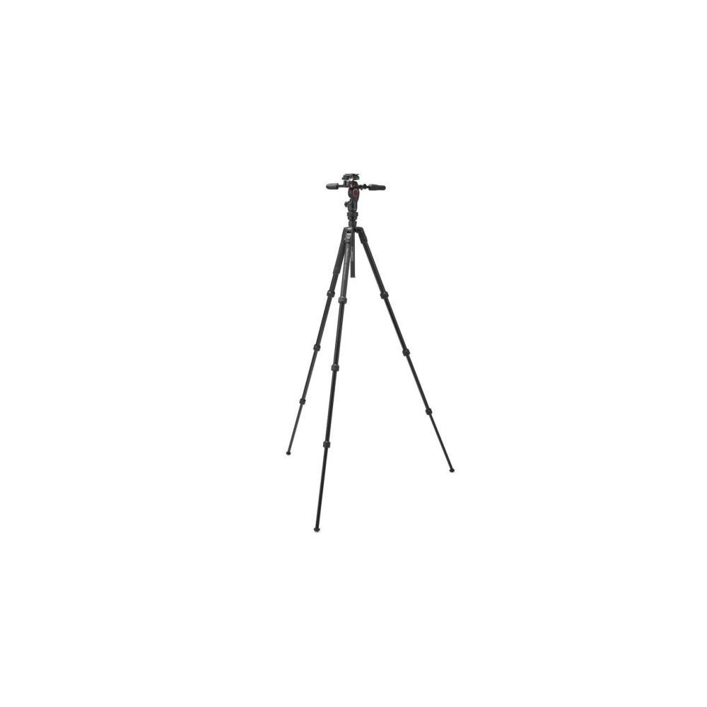 A black tripod with three legs and a camera head, isolated on a white background.