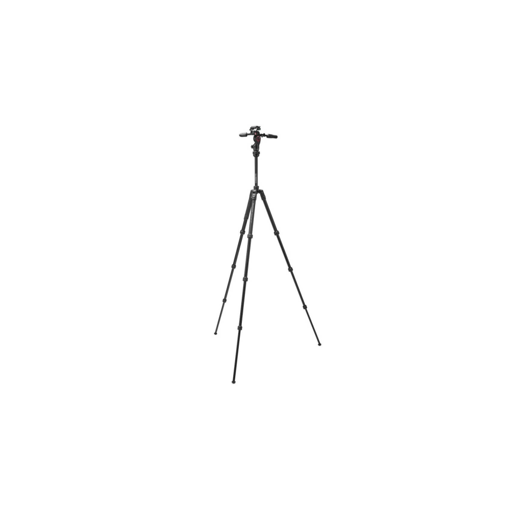 A black tripod with three legs stands on a white background.