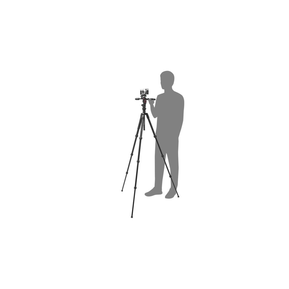 Silhouette of a person holding a camera on a tripod.