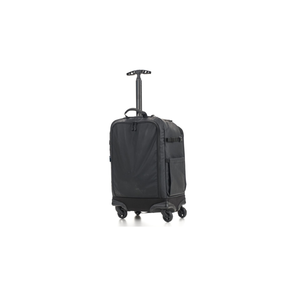 A black rolling suitcase with an extendable handle and wheels against a white background.