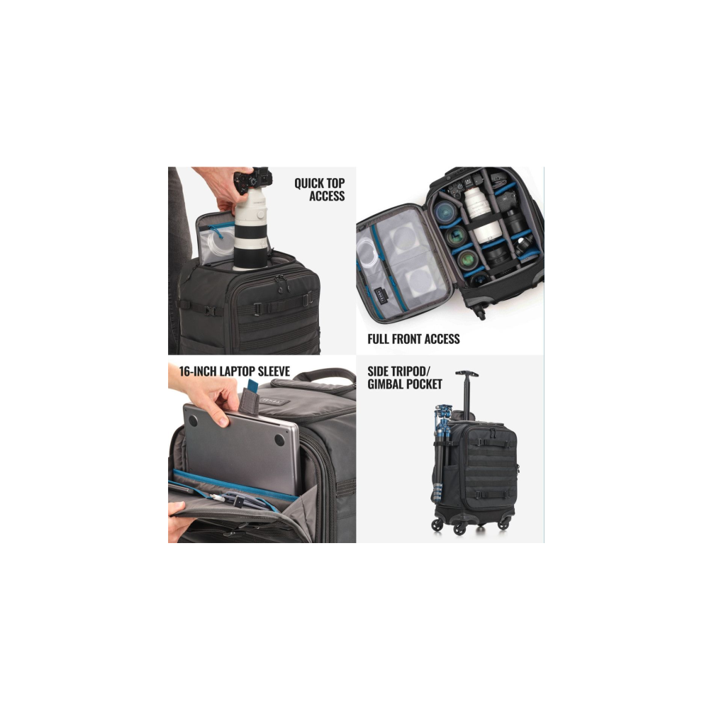 A collage shows a camera backpack: quick top access, full front access, laptop sleeve, tripod pocket.