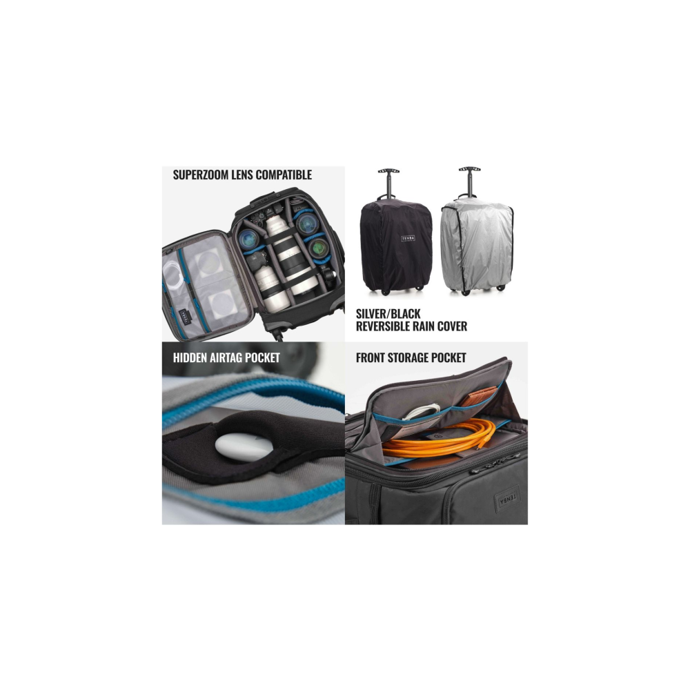 Camera bag with lenses, rain cover, and front storage pocket.