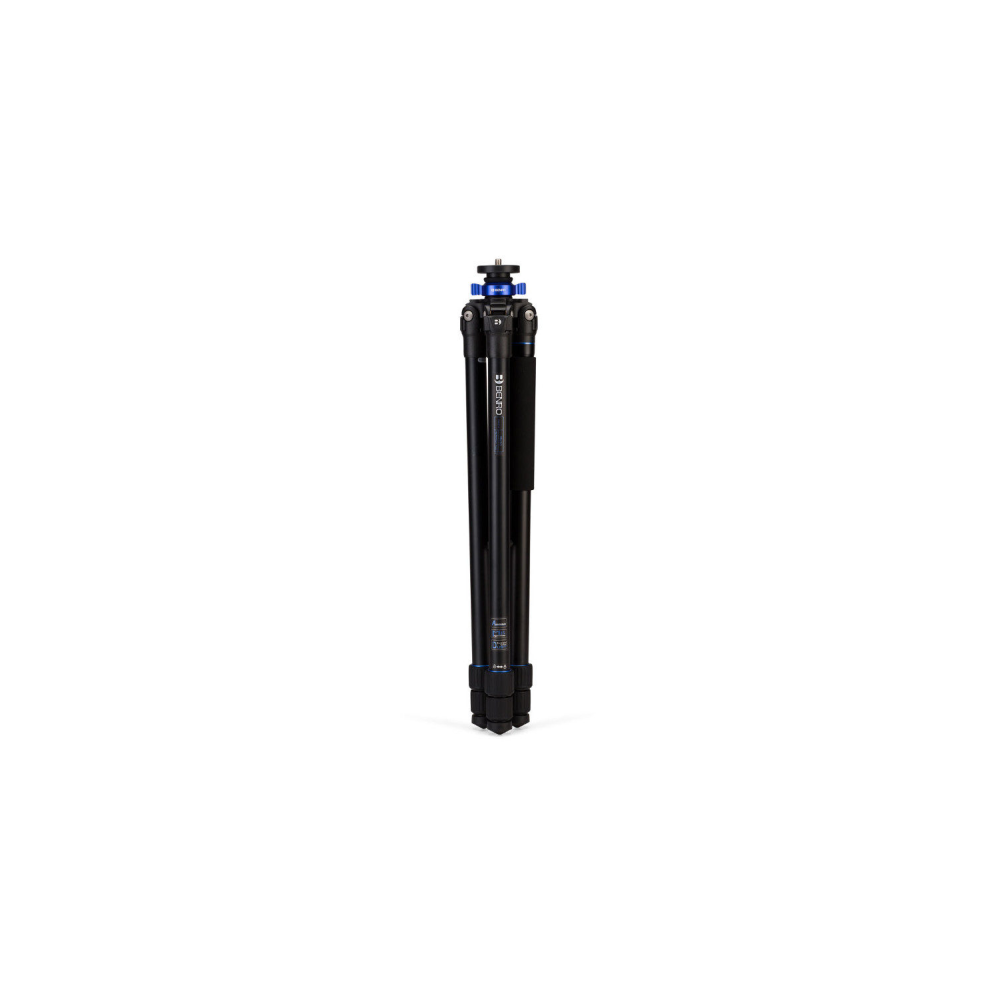 A black tripod with blue accents stands against a white background.