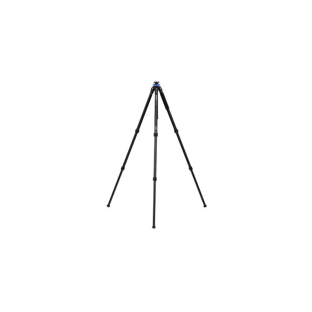 A black tripod with blue accents stands on a white background.
