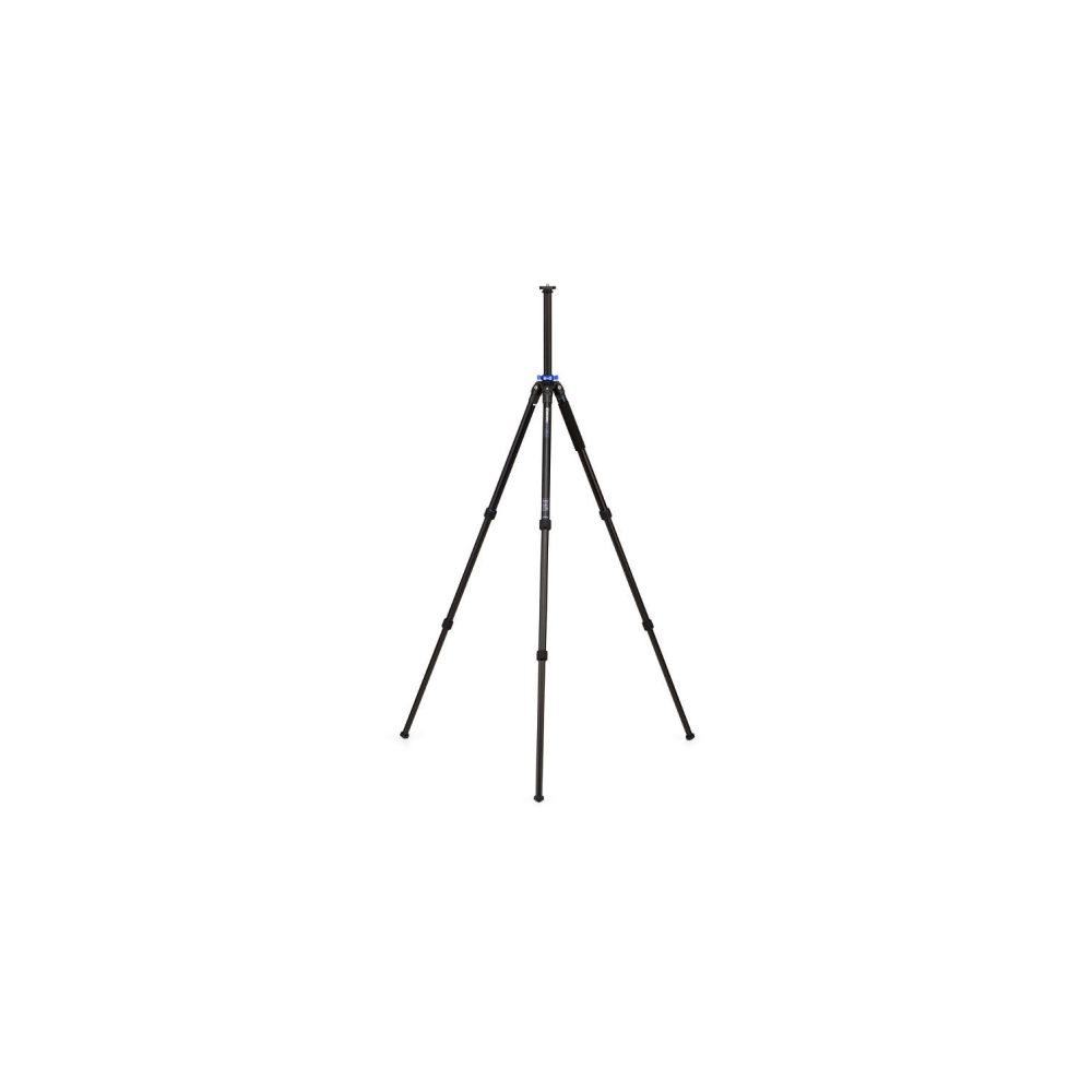 A black tripod with blue accents stands on a white background.