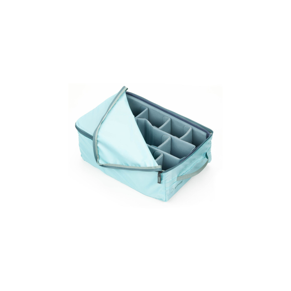 A light blue bag with compartments, designed for glasses or bottles.