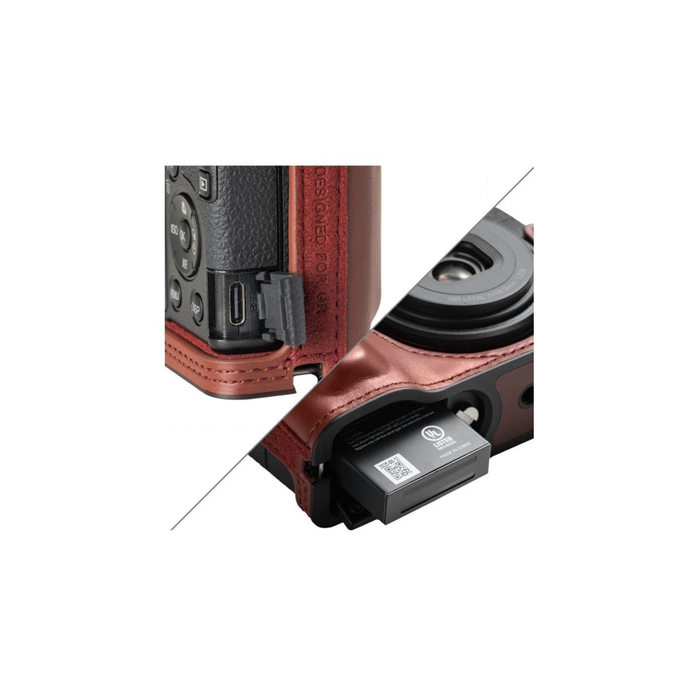 Brown leather camera case showing USB port and battery compartment access.