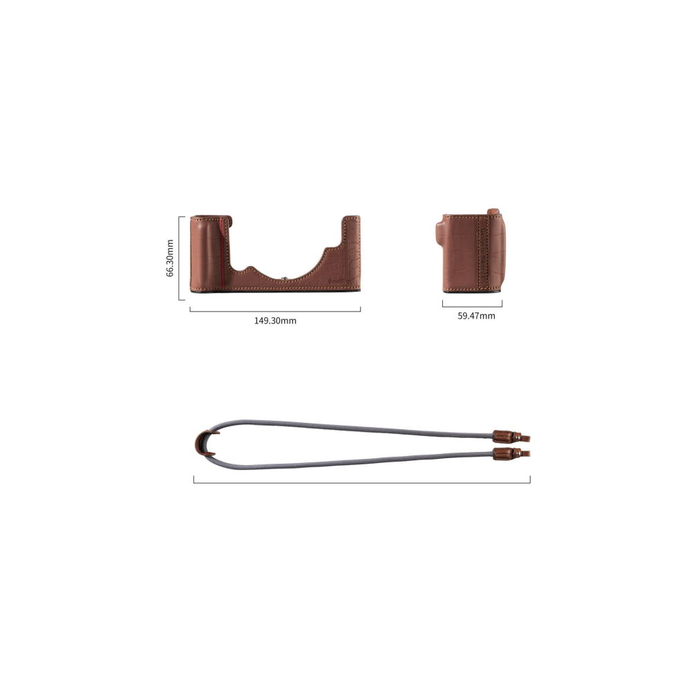 Brown leather camera case with dimensions shown, and a gray camera strap.